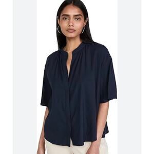 Vince Linen Blend Split Neck Blouse 1X Navy Blue Short Sleeve Relaxed Top